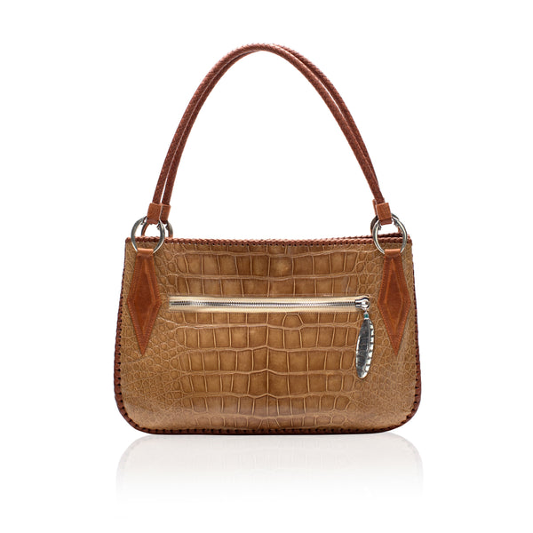 Queen Camille Tan Alligator Tote with Turquoise