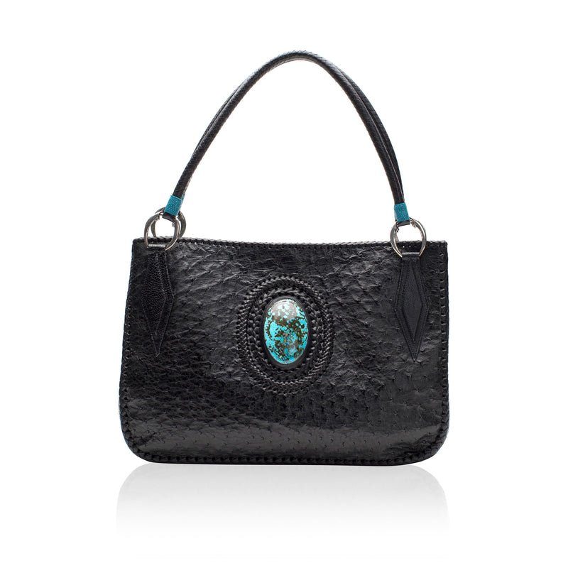 Queen Camille Black Ostrich Tote with Mexican Turquoise