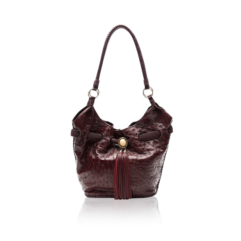 Queen Elizabeth Burgundy Ostrich Tote with 14K Gold Hardware and African Opal