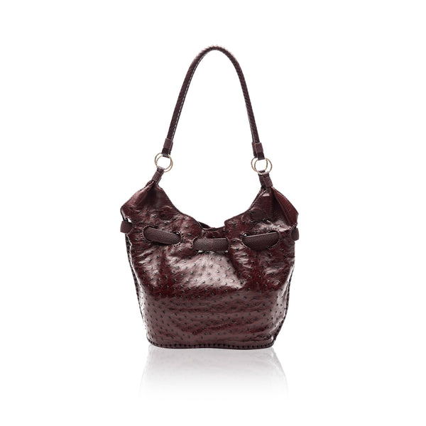 Queen Elizabeth Burgundy Ostrich Tote with 14K Gold Hardware and African Opal