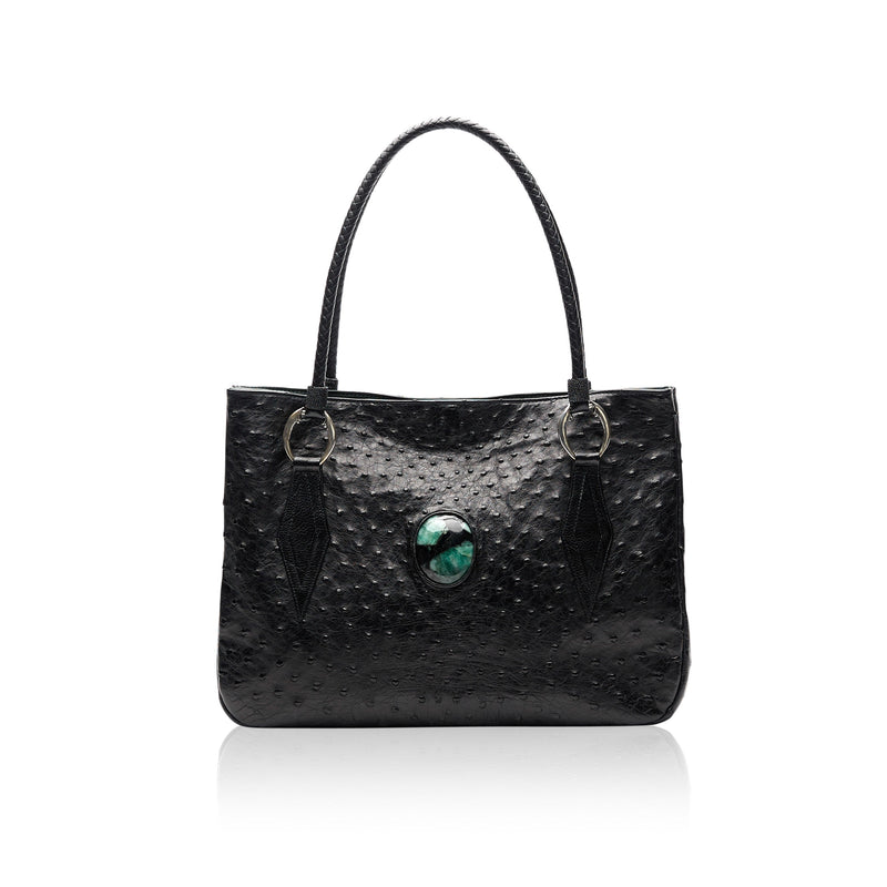 Queen Camille Black Ostrich Tote with Emerald